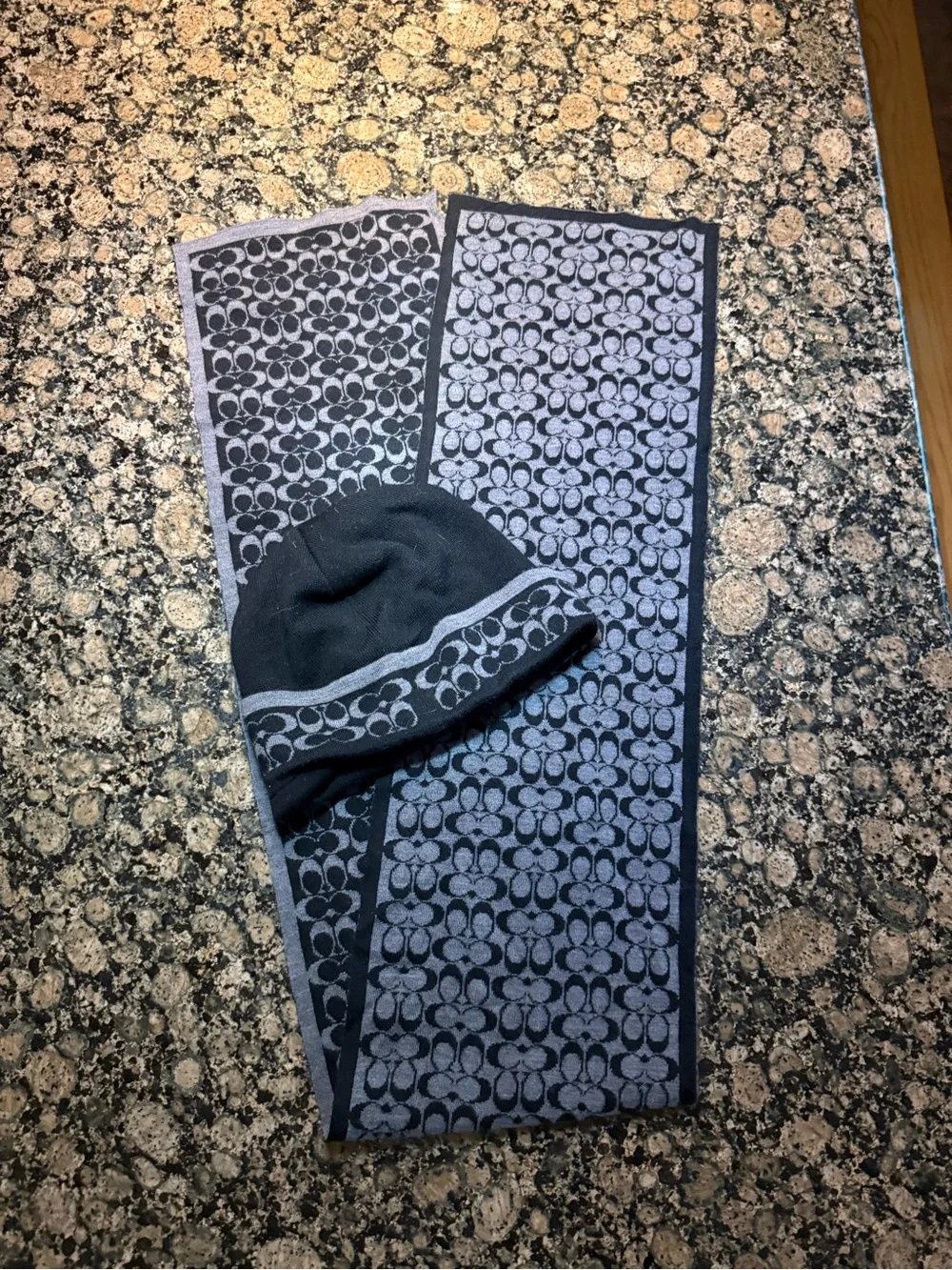 Coach Black & Gray Logo Knit Beanie and Scarf Set